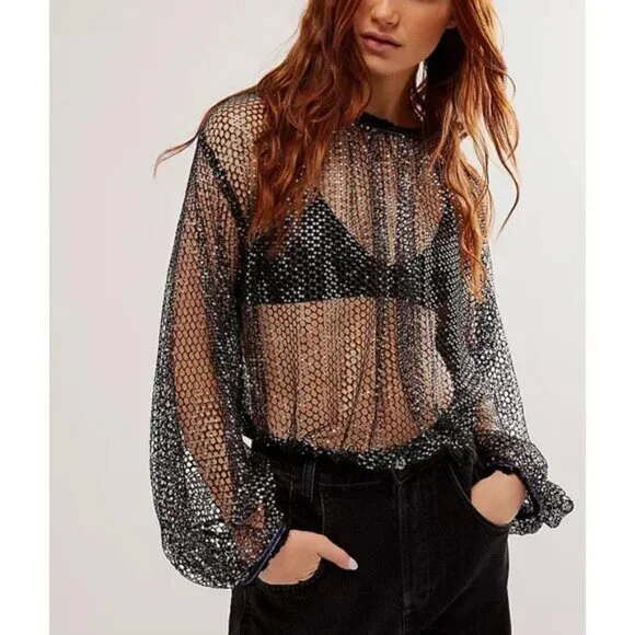 Free People Sparks Fly Top / Black Combo NWT (S) - Picture 2 of 6